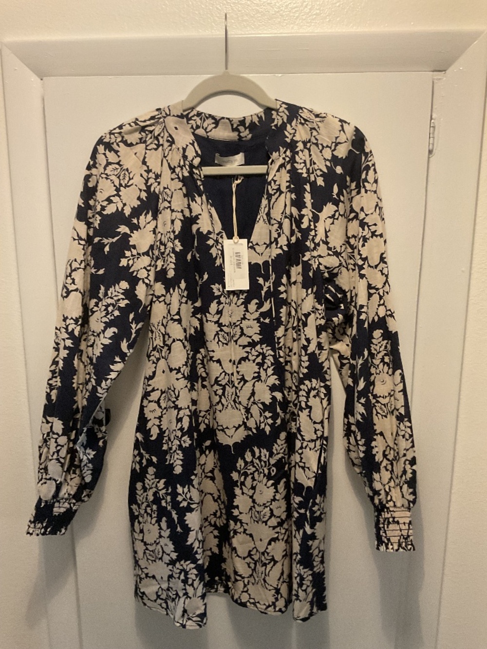 Matty M Dress, Navy and Cream Floral Pattern, Size Small